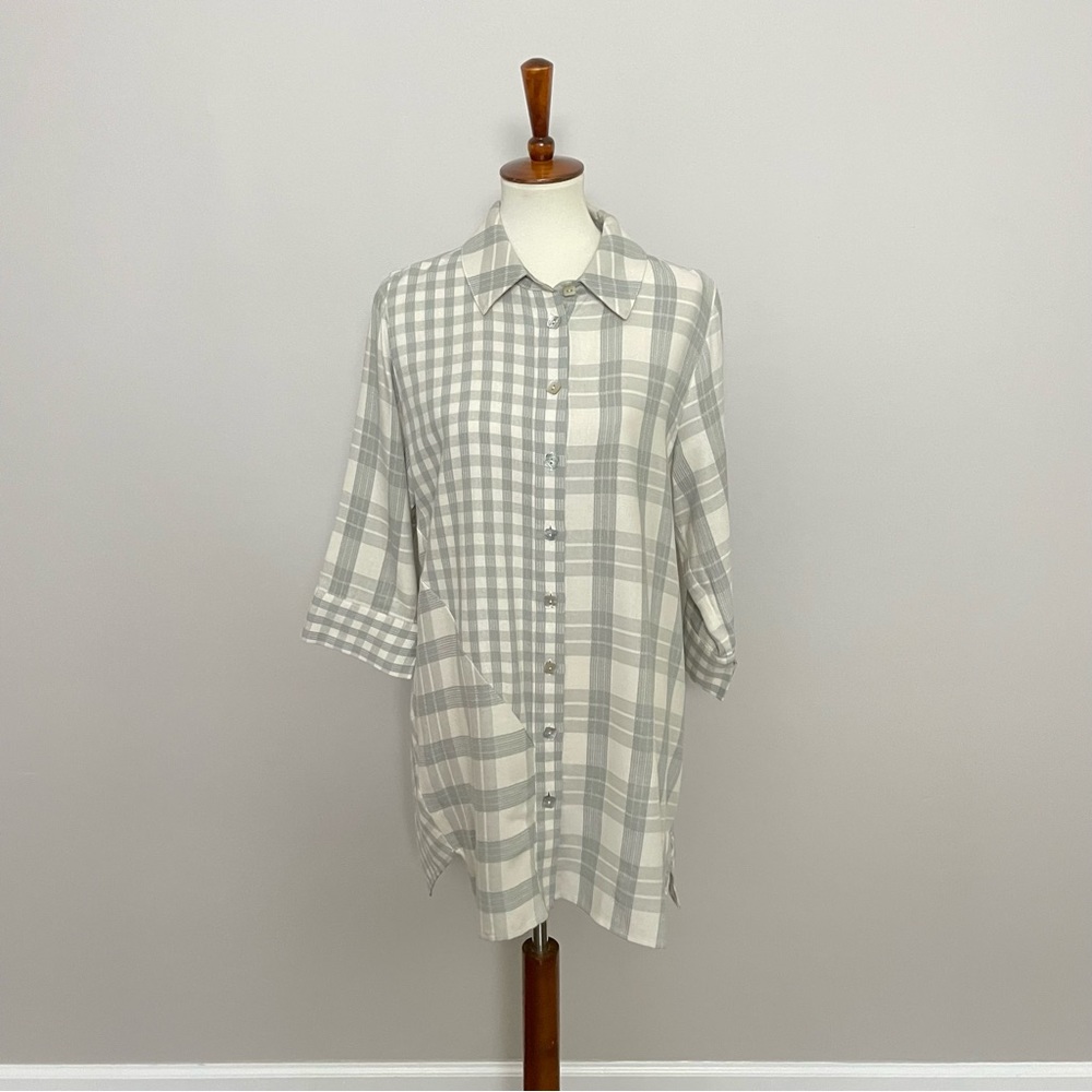 Soft Surroundings Tunic Huntleigh Shirt Pearl Shell Button Plaid Lagenlook Green